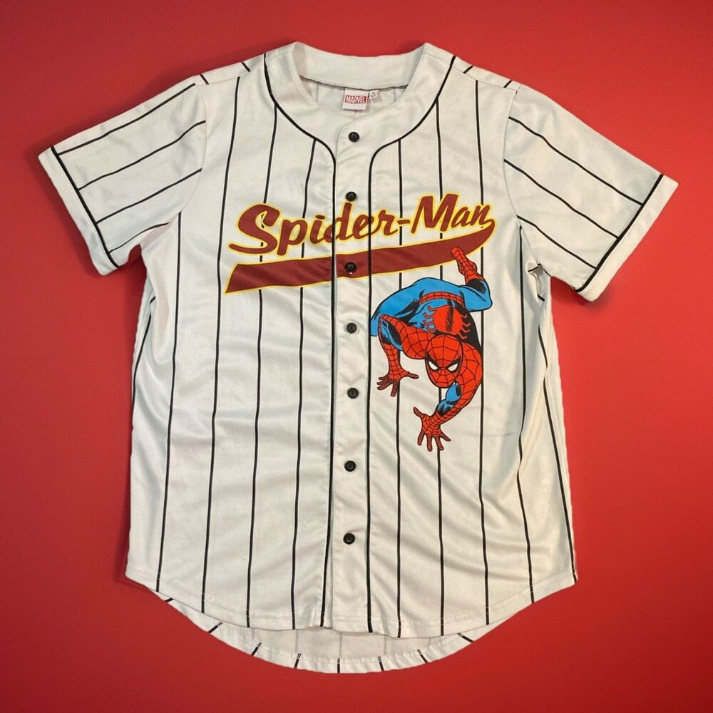 Marvel Spiderman Baseball Jersey Mens M White Striped #62 Shirt